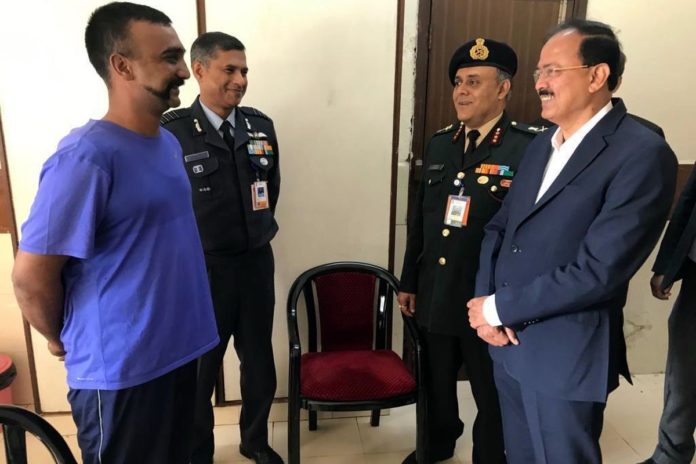 New Delhi: Union MoS Defence Subhash Bhamre meets IAF Wing Commander Abhinandan Varthaman at an armed forces medical facility in New Delhi on March 3, 2019. Abhinandan, who returned home on Friday, is undergoing a thorough medical check up at the hospital as his body had undergone stress due to ejection from his MiG-21 jet after it was shot down by Pakistani firing on February 27. (Photo: IANS)