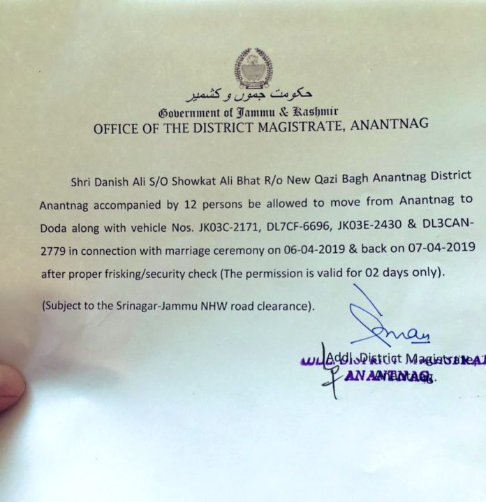 Facsimile of District Magistrate's order allowing a marriage party to travel between Anantnag and Doda