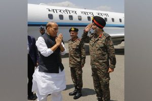 Defence Minister Rajnath Singh arrives in Srinagar on a two-day visit to the Union Territory