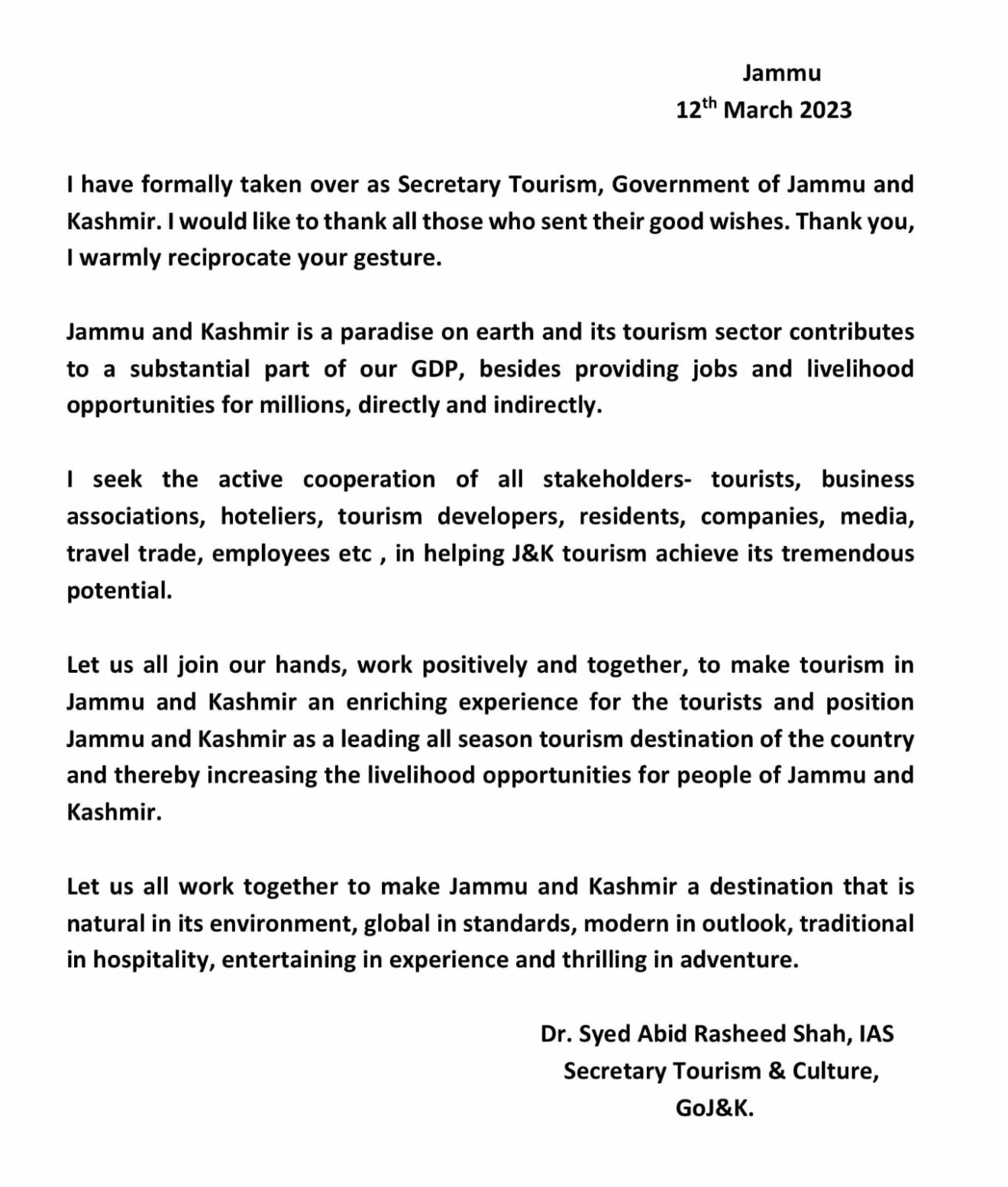 Dr Abid seeks active cooperation in achieving J&K tourism its