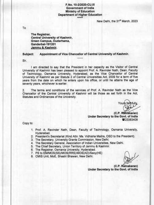 Prof Ravinder Nath appointed as VC Central University Kashmir
